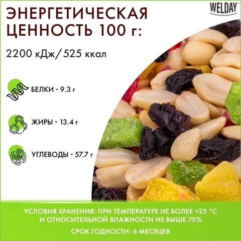Орехи и сухофрукты WELDAY "Смесь студенческая", арахис, цукаты, папайя, изюм, 1 кг, 622482