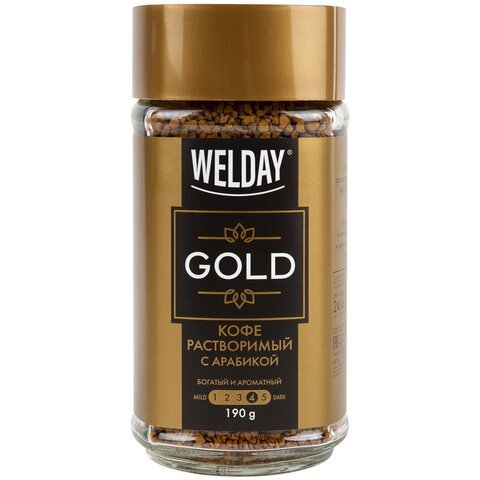 Кофе растворимый WELDAY "GOLD" 190 г, стеклянная банка, сублимированный, 622674