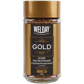 Кофе растворимый WELDAY (ВЭЛДЭЙ) "GOLD" 190 г, стеклянная банка, сублимированный, 622674