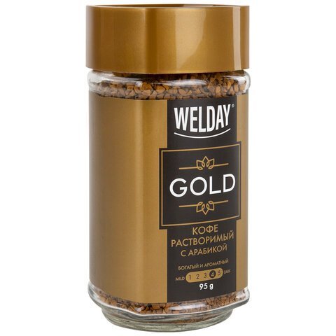 Кофе растворимый WELDAY "GOLD" 95 г, стеклянная банка, сублимированный, 622675