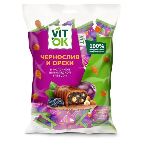 Конфеты VITOK "Чернослив и орехи в шоколадной глазури", 400 г, пакет, 2877