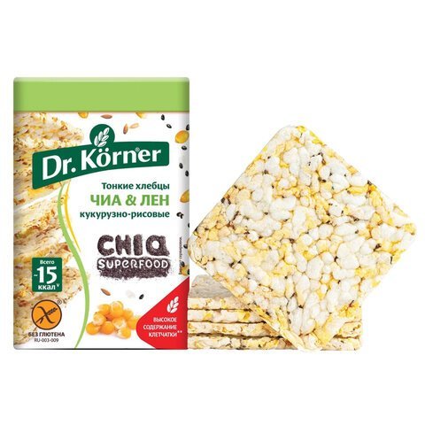 Хлебцы DR.KORNER "Кукурузно-рисовые" с чиа и льном, хрустящие, 100 г, пакет, 601090106