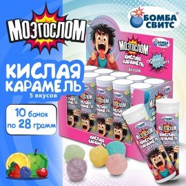Мини-карамель кислая МОЗГОСЛОМ микс 5 вкусов, в пластиковой тубе, 28 г, БОМБАСВИТС, 624610