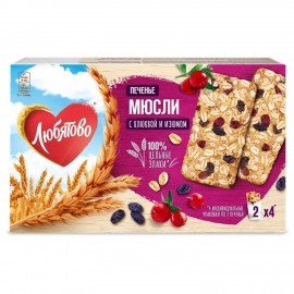 Печенье злаковое ЛЮБЯТОВО "Мюсли" с клюквой и изюмом 120 г, 7200033000_2600