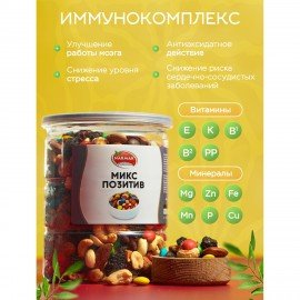Смесь орехов NARMAK "Микс Позитив" миндаль, кешью, арахис, изюм, шоколадное драже, 500 г, 00-00000142