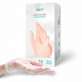 Перчатки виниловые смотровые 50 пар (100 штук) размер M (средний) прозрачные SAF&TY, ЧЗ, шк3527
