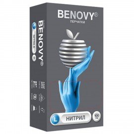 Перчатки нитриловые смотровые 100 пар (200шт) р-р L голубые BENOVY Nitrile Chlorinated, ЧЗ,К, шк2469