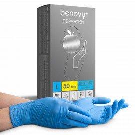 Перчатки нитриловые смотровые 50 пар (100шт) размер L голубые BENOVY Nitrile Chlorinated,ЧЗ,К,шк2513