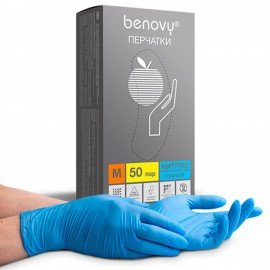 Перчатки нитриловые смотровые 50 пар (100шт) размер M голубые BENOVY Nitrile Chlorinated,ЧЗ,К,шк2506