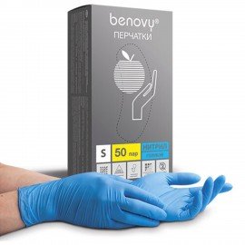 Перчатки нитриловые смотровые 50 пар (100шт) размер S голубые BENOVY Nitrile Chlorinated,ЧЗ,К,шк2544