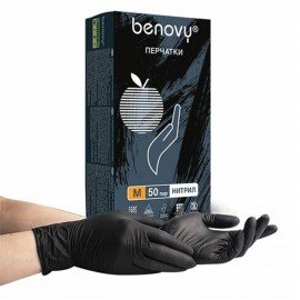 Перчатки нитриловые смотровые 50 пар (100шт) размер M (средний) черные BENOVY MultiColor,ЧЗ,К,шк1905