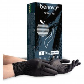 Перчатки нитриловые смотровые 50 пар (100 штук), размер 6-7, S (малый), черные, BENOVY MultiColor, К