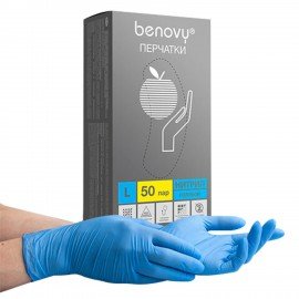 Перчатки нитриловые смотровые 50 пар (100шт) размер L голубые BENOVY Nitrile Chlorina