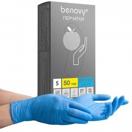 Перчатки нитриловые смотровые 50 пар (100шт) размер S голубые BENOVY Nitrile Chlorina