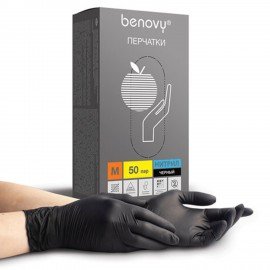 Перчатки нитриловые смотровые 50 пар (100шт) размер M черные BENOVY Nitrile Chlorinated, ЧЗ,М,шк2230