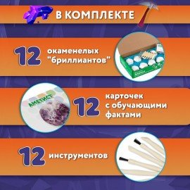 Набор для раскопок "Минералы", 12 видов, карточки, инструменты, BRAUBERG KIDS, 665129