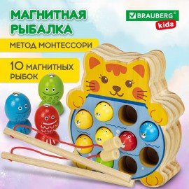 Сортер-рыбалка магнитный деревянный развивающий "Кот", BRAUBERG KIDS, 665246