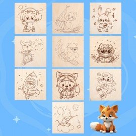 Заготовки деревянные для выжигания "Зверушки", 5 шт., 10 рисунков, 15х15 см, BRAUBERG HOBBY, 665304