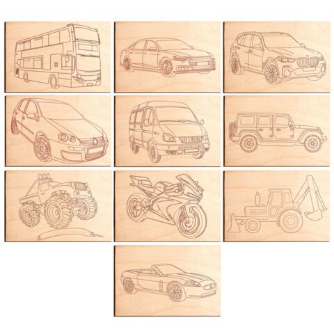 Заготовки деревянные для выжигания "Транспорт", 5 шт., 10 рисунков, 15х21 см, BRAUBERG HOBBY, 665307