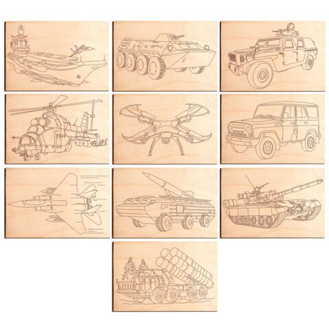 Заготовки деревянные для выжигания "Военная техника", 5 шт., 10 рисунков, 15х21 см, BRAUBERG HOBBY, 665308