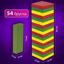 Игра настольная "ЦВЕТНАЯ БАШНЯ", 54 окрашенных деревянных блока + кубик, BRAUBERG HOBBY, 665493
