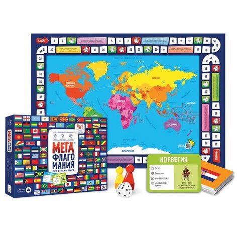 Настольная обучающая игра "Мегафлагомания", карта мира, 200 карточек, ГЕОДОМ, 58427