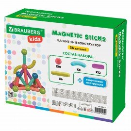 Магнитный конструктор MAGNETIC STICKS, 36 магнитных деталей, BRAUBERG KIDS, код 1С, 665721