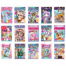 Аппликация АССОРТИ 15 видов, 17х23 см, перья, эва, фольга, мозаика, на картоне МУЛЬТИ АРТ