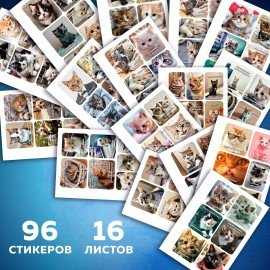 Стикербук ПРОСТО НАКЛЕЙ А6 16 листов 96 цветных стикеров, на гребне, BRAUBERG, Коты мемы, 666050