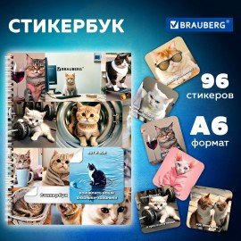 Стикербук ПРОСТО НАКЛЕЙ А6 16 листов 96 цветных стикеров, на гребне, BRAUBERG, Коты мемы, 666050