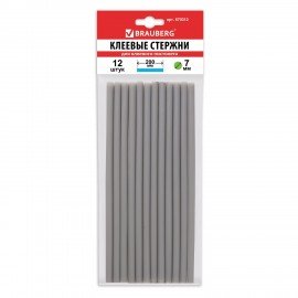 Клеевые стержни, диаметр 7 мм, длина 200 мм, серебристые, комплект 12 шт., BRAUBERG, европодвес, 670312