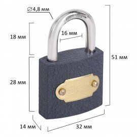 Замок навесной чугунный "Стандарт", ширина 32 мм, английский, 3 ключа, ГРАНДМАСТЕР, 671290