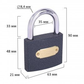 Замок навесной чугунный "Стандарт", ширина 63 мм, английский, 3 ключа, ГРАНДМАСТЕР, 671293