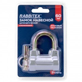 Замок навесной алюминиевый цилиндрический с пластиковым покрытием, ширина 60 мм, 3 ключа, RABBITEX (РАББИТЕКС), 671307