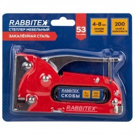 Степлер мебельный стальной, тип скобы 53, высота скоб 4-8мм, +200 скоб 8мм в комплекте, RABBITEX, 671322