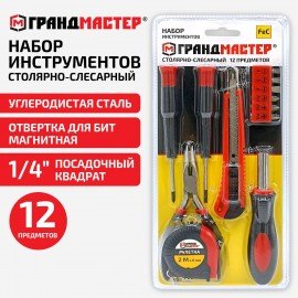 Набор инструментов столярно-слесарный, 12 предметов, блистер, ГРАНДМАСТЕР, 671330