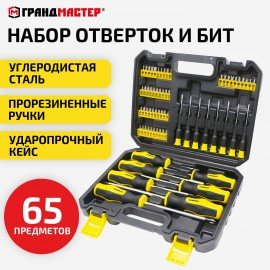 Набор отверток и бит, 65 предметов, двухкомпонентные рукоятки, пластиковый кейс, ГРАНДМАСТЕР, 671334