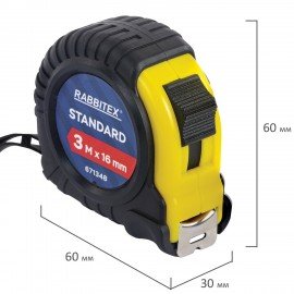 Рулетка измерительная 3м х 16мм, обрезиненный корпус, с фиксатором, RABBITEX Standard, 671348