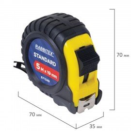Рулетка измерительная 5м х 19мм, обрезиненный корпус, с фиксатором, RABBITEX Standard, 671349