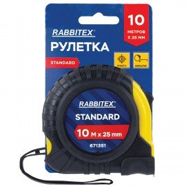 Рулетка измерительная 10м х 25мм,обрезиненный корпус, с фиксатором, RABBITEX Standard, 671351