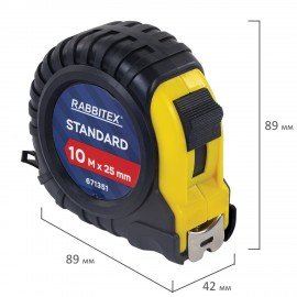 Рулетка измерительная 10м х 25мм,обрезиненный корпус, с фиксатором, RABBITEX Standard, 671351