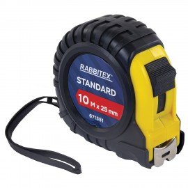 Рулетка измерительная 10м х 25мм,обрезиненный корпус, с фиксатором, RABBITEX Standard, 671351
