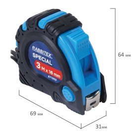 Рулетка измерительная 3м х 16мм, обрезиненный корпус, 3 фиксатора, RABBITEX Special, 671353