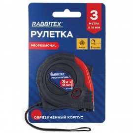 Рулетка измерительная 3м х 16мм, обрезиненный корпус, 3 фиксатора, RABBITEX Professional, 671356