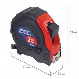 Рулетка измерительная 5м х 19мм, обрезиненный корпус, 3 фиксатора, RABBITEX Professional, 671357