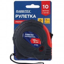 Рулетка измерительная 10м х 25мм, обрезиненный корпус, 3 фиксатора, RABBITEX Professional, 671359