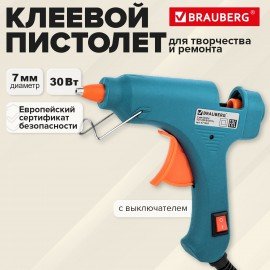 Клеевой пистолет 30Вт, 7мм, (предохранитель, антикапля, индикатор), бирюзовый, BRAUBE, 671465