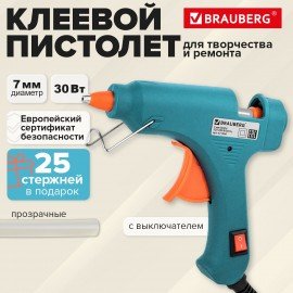 Клеевой пистолет 30Вт, 7мм, (предохранитель, антикапля, индикатор), 25 стержней, BRAU, 671466