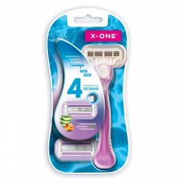 Бритвенный станок многоразовый женский, 4 лезвия, 2 кассеты, X-ONE, 700018