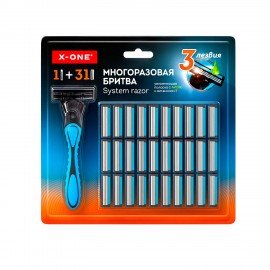 Бритвенный станок многоразовый мужской, 3 лезвия, 31 кассета, синий, X-ONE, 700024